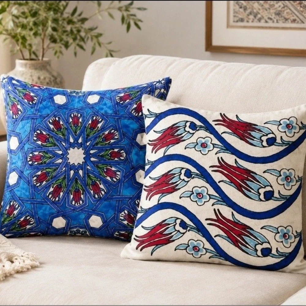 Handmade Turkish Embroidered Pillow Covers 2‎ Iznik Tulip Geometric Blue Cream